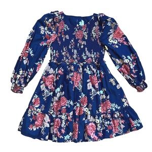 Janie and Jack Floral Smocked Dress | Navy‎ Blue | 100% Cotton | Size 6  |  EUC